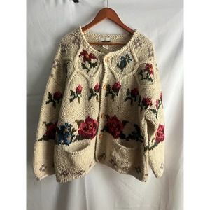 Vintage Express Tricot Wool Hand Knit Sweater Cardigan roses flowers c
